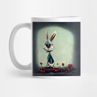 Cartoon sketched bunny rabbit looking less than pleased as he stands in the garden. Mug